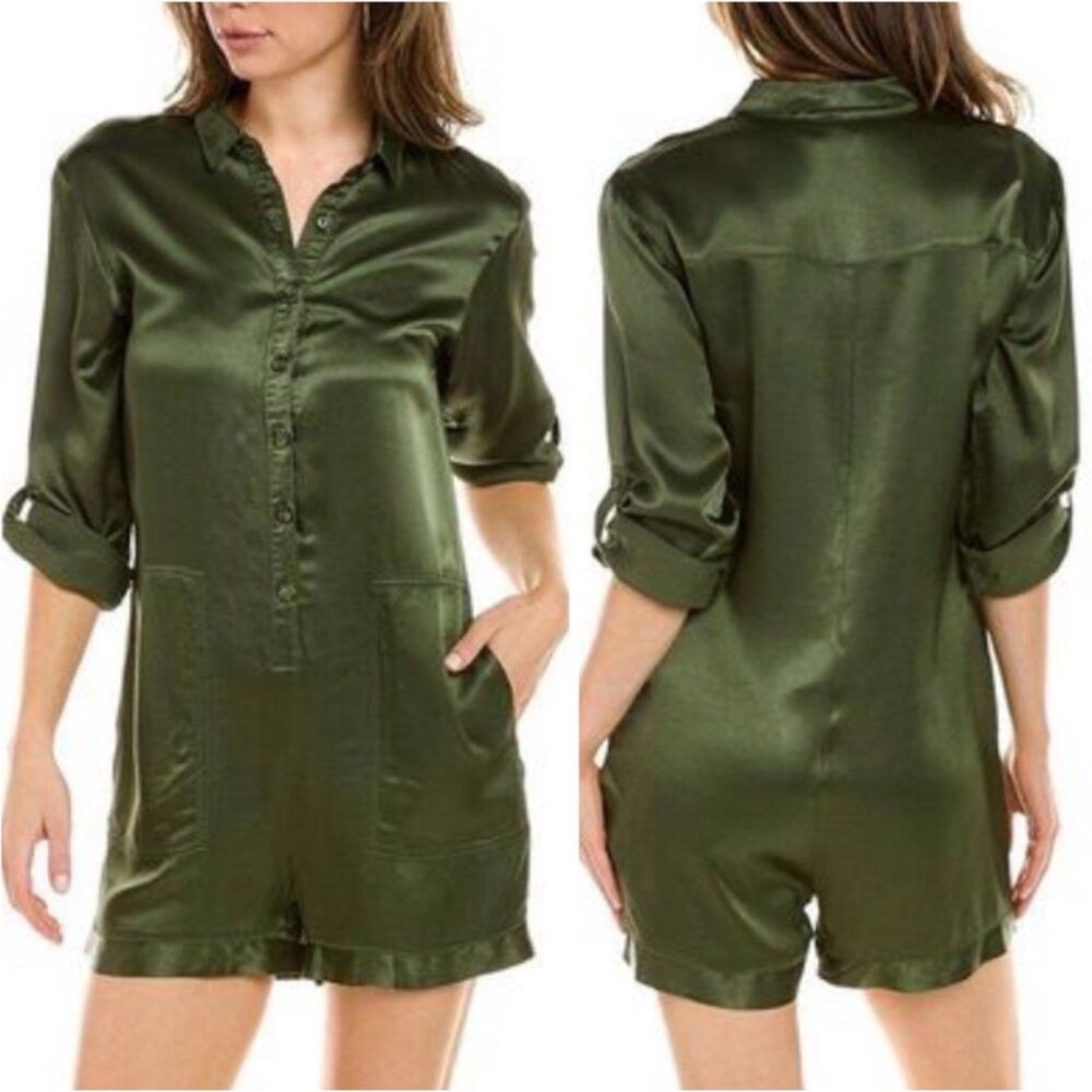 NATION LTD Green Satin Ezra Button-down Romper Playsuit Boho, Sz S